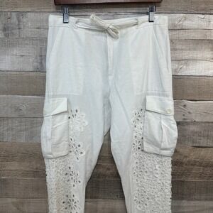 Sea New York White Linen Eyelet Lace Cargo Pants Size 2 Floral Boho cottagecore